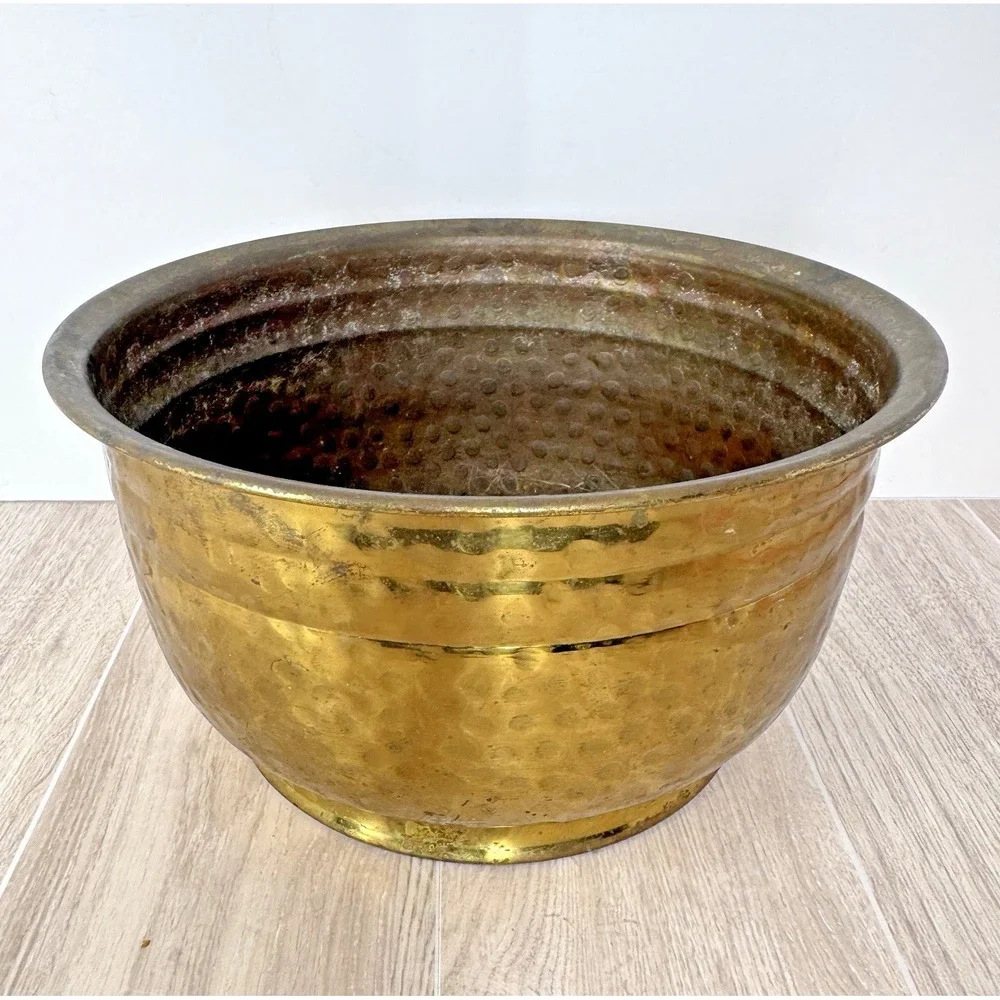 Vintage Hammered Brass‎ Planter Cachepot Bowl MCM Hollywood Regency Decor